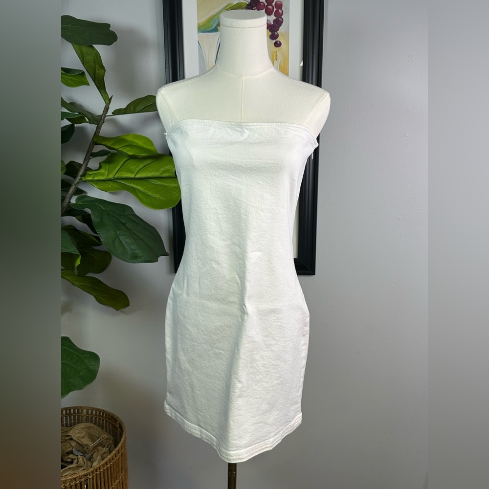 Zara Bandeau Denim Dress Mini Side Zipper White Bone Women’s